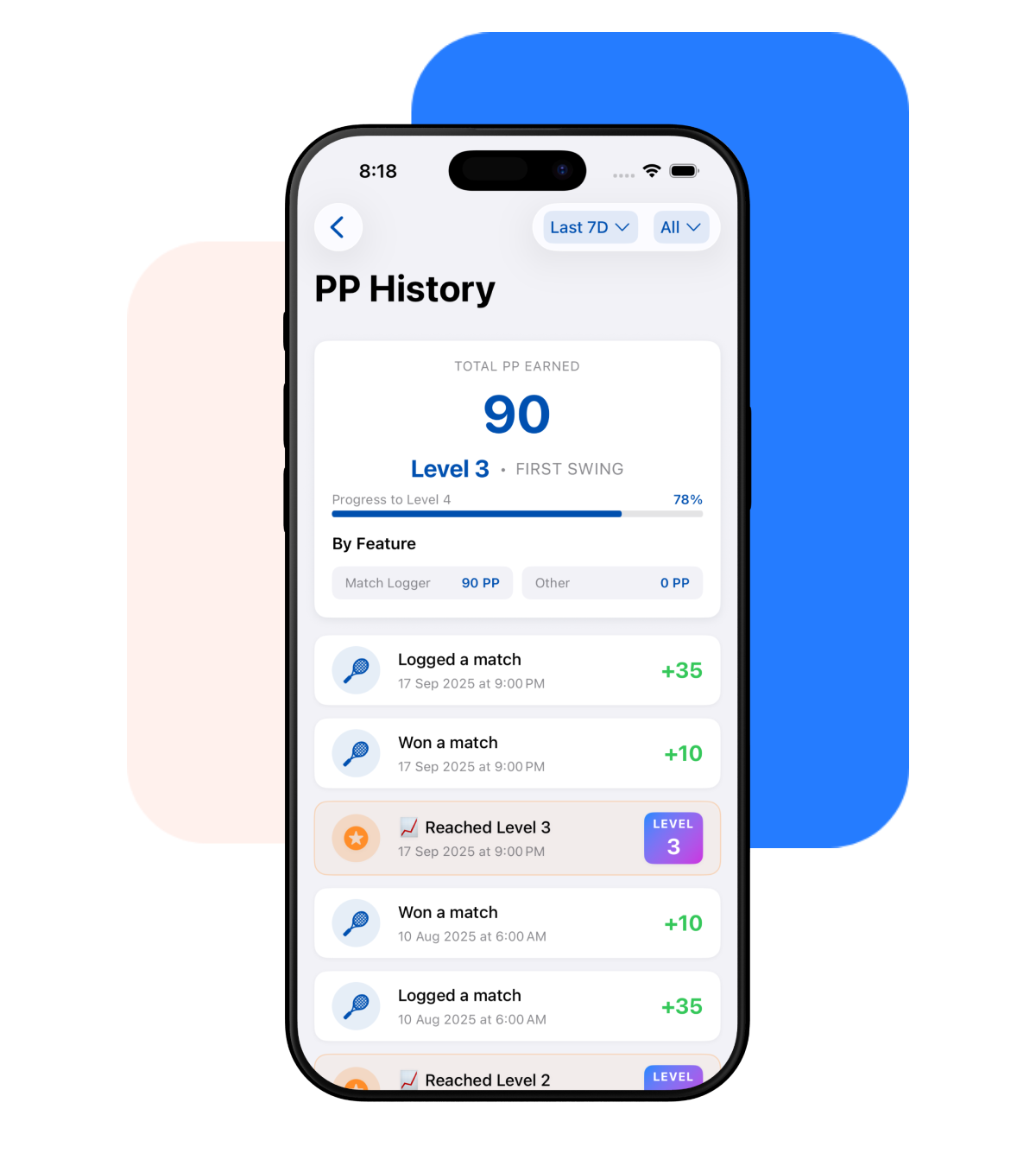 Review your earned padel points and performance history with MyPadelApp